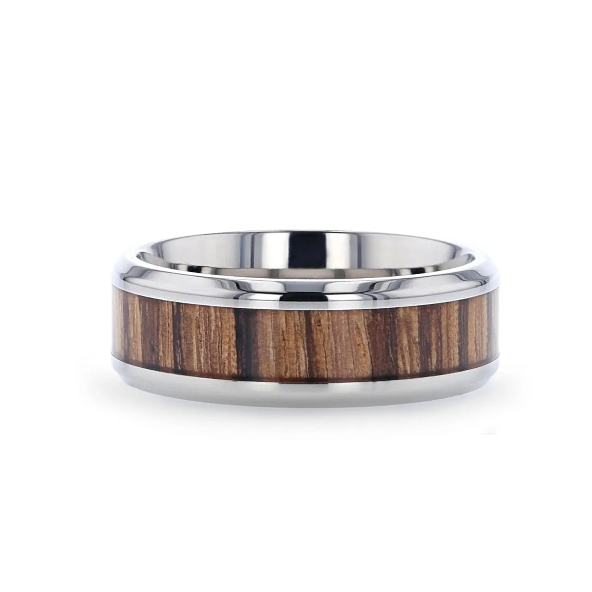 ZINGANA | Silver Titanium Ring, Zebra Wood Inlay, Beveled