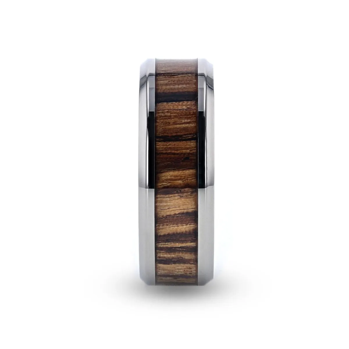 ZINGANA | Silver Titanium Ring, Zebra Wood Inlay, Beveled